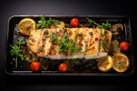 A Mouthwatering Delight: Succulent Baked Swordfish and Prawns with Confit Garlic on a Black Trayの素材