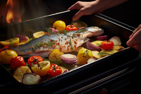 Baking Delight: An Appetizing Closeup of a Woman's Sea Bass Feastの素材