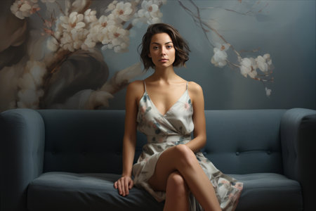 Lost in Thought: The Enigmatic Woman Sitting on her Sofa at Home - AR 3:2の素材