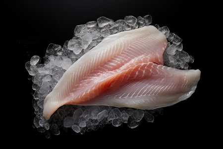 Capturing the Essence: A Stunning Top View of Frozen Fish Fillet on Black Background (3:2 Aspect Ratio)の素材