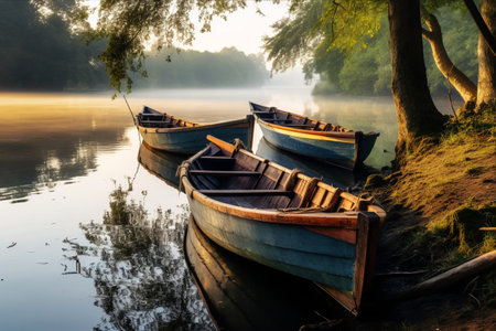Serene Reflections: Glimpses of Wooden Boats on the River Bankの素材