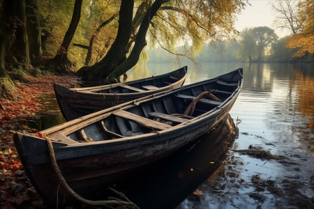 Serene Scenes of Wooden Boats Line the River Bank - AR 3:2の素材