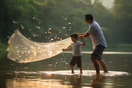 Capturing Precious Moments: Father and Son's Joyful Fish Catching Adventure with a Butterfly Fishing Netの素材