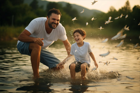 A Joyful Moment: Father and Son's Triumph while Catching Fish in a Butterfly Fishing Netの素材