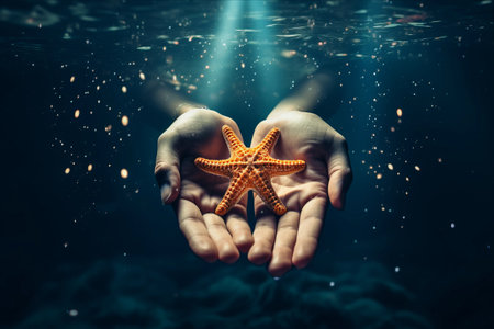 Captivating Subaquatic Hand: Tenderly Embracing a Starfish under the Water [AR 3:2]の素材