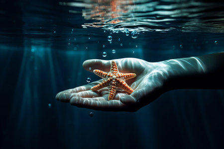 Embracing the Wonders: Gentle Hand Submerging a Starfish Underwaterの素材