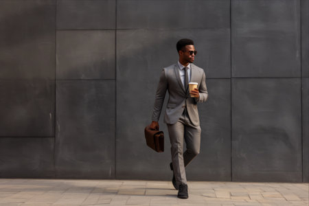The Exemplary Image: A Handsome African American Entrepreneur Embodies Success Amidst a Gray Block Wall Backgroundの素材