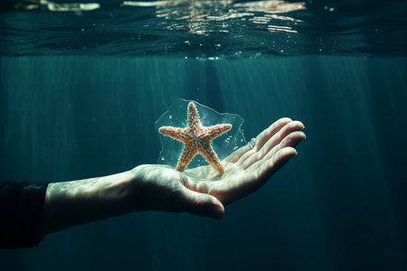 Captivating Encounter: A Gentle Hand Embraces a Starfish in the Subaquatic Realm - AR 3:2の素材