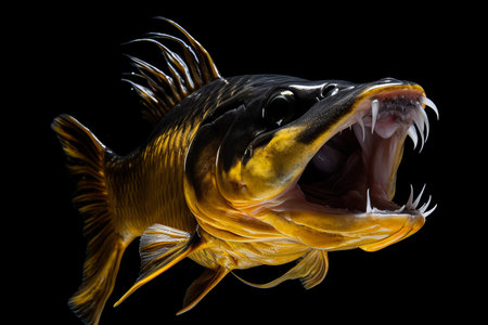 Vibrant Yellow Biting Fish Emerges from a Mysterious Black Abyss --AR 3:2の素材