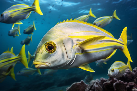 School of Yellowstripe Scad: Captivating Underwater Sight in Bali, Indonesiaの素材