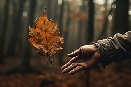 Autumn's Tender Embrace: Capturing the Hand of a Man Cradling a Fallen Leafの素材
