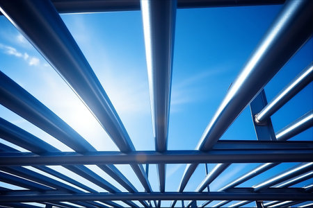 Ascending Structures: Industrial Construction and Joining Elements in Metal Pipe Frame on a Blue Sky Backgroundの素材