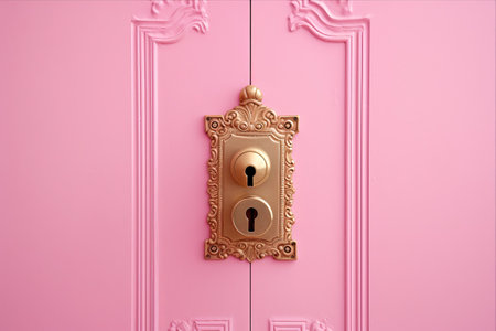 Pink Door with Eye-Catching Metallic Door Lock and Keyhole --AR 3:2の素材