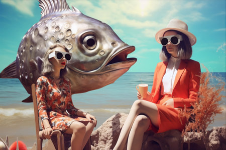 Surreal Summertime: Young Women Unleash Creativity - Swimsuits, Giant Fish Heads, and Abstract Wonders!の素材