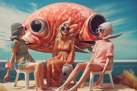 Seaside Surrealism: Young Women Embrace the Imaginary with Swimsuits and Giant Fish Heads in a Stunning Contemporary Art Pieceの素材