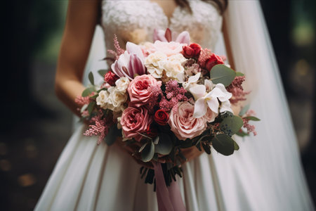 Breathtaking Snapshot: Captivating Mid Section View of Radiant Bride Holding Delicate Bridal Bouquetの素材
