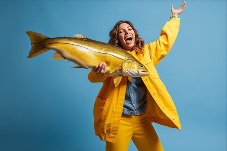 Catching the Big One: Joyful Fisherman Woman Celebrates Her Hobby and Success Against a Vibrant Blue Backdropの素材