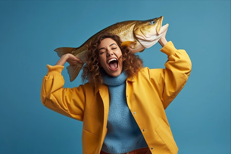 Celebrating the Catch: A Joyful Fisher Woman Showcasing Her Skill and Passion for Fishingの素材