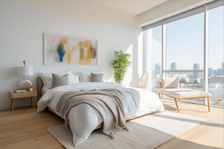 Serenity and Simplicity: Exploring the Minimalistic Beauty of a Light-Filled Bedroom with Vibrant Accents in a Contemporary Apartmentの素材