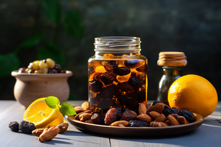 Naturally Sweet Delights: A Nutty Medley with Honey, Raisins, Apricots, and Prunes Displayed beside a Zesty Lemon on a Rustic White Wooden Tableの素材