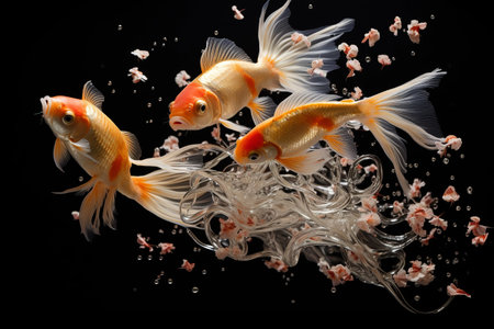 The Majestic Leap: Gold Koi Fish Gracefully Soaring in a Darkened Aquariumの素材