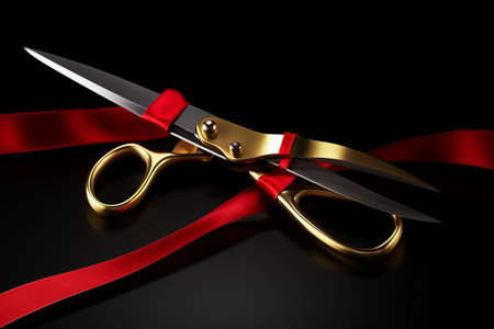 The Golden Scissors: Unveiling the red ribbon in a stunning black backdropの素材