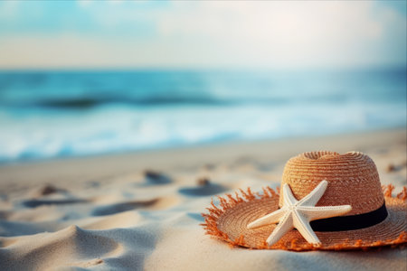 Serenity by the Shore: A Beach Holiday Escape Amidst Hat, Starfish, and the Majestic Seaの素材