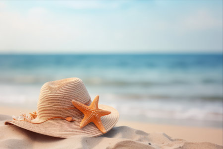 Seaside Serenity: A Hat and Starfish Adorn a Picturesque Beach Oasisの素材