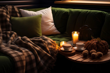 Cozying Up in Style: A Modern Autumn Hygge Retreat in a Dark Green Living Roomの素材