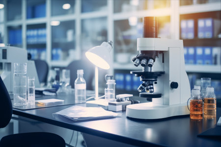 Examining Human Biology: International Public Health Lab Conducts In-depth Analysis with Head Microscope in Backgroundの素材