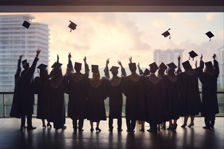 Embracing Success: Graduates in Black Gowns Triumphantly Raise Hands towards a Bright Futureの素材