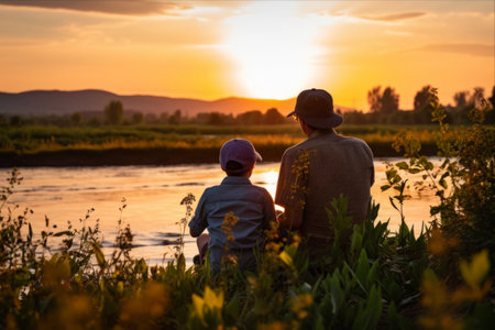 Generational Bonding: A Tranquil Evening of Fishing with Grandfather and Grandson in the Countrysideの素材