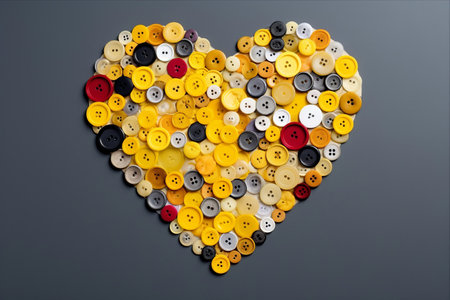 Love in Shades of Gray and Yellow: A Unique Valentine's Day Design with Button-Crafted Heart on a Yellow Backgroundの素材