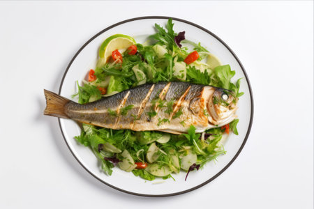 Savor the Delights: Indulge in a Scrumptious Green Salad with Baked Fish atop a White Table - AR 3:2の素材