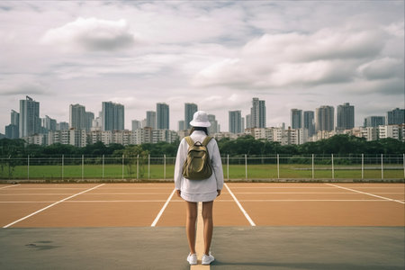 Stylish Woman Strikes a Pose on a Tennis Court in Ho Chi Minh City, Vietnamの素材