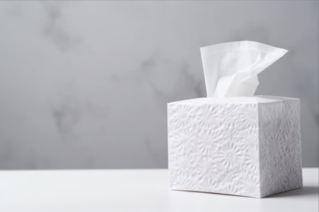 Aesthetic Holder with Paper Tissues: Closeup on Light Grey Background with Space for Textの素材