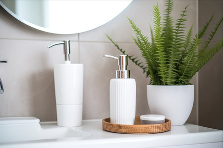 Organized and Chic: A Stylish Bathroom Set-Up with Toothbrushes, Plants, and Toiletries by a Vessel Sinkの素材