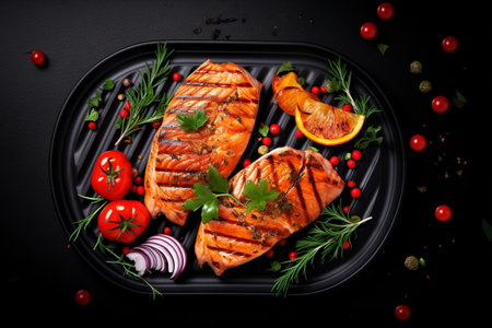 Sizzling Grilled Salmon Fish Steaks and Veggies - A Mouthwatering Delight on a Lustrous Black Canvasの素材