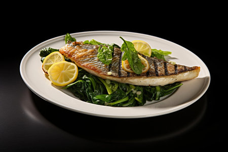 Delectable Grilled Sea Bream Fish Fillet With Spinachの素材
