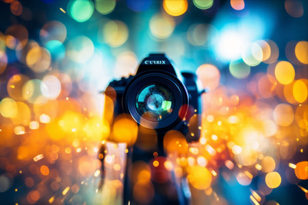 The Mesmerizing Blend: Capturing Exquisite Multi-Colored Bokeh Lights with LED Screens yields Striking Images in Blue, Yellow, and Green â Unveiling the Artistry in a 3:2 Aspect Ratioの素材