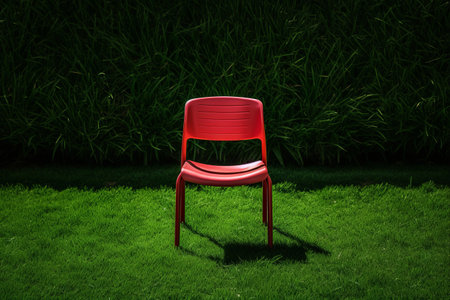 Vibrant Red Chair Against Lush Green Grass: A Captivating Display of Contrastの素材