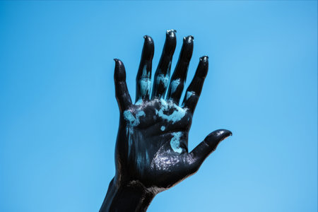 Contrasting Harmony: A Hand Streaked with Black Color against a Serene Blue Skyの素材