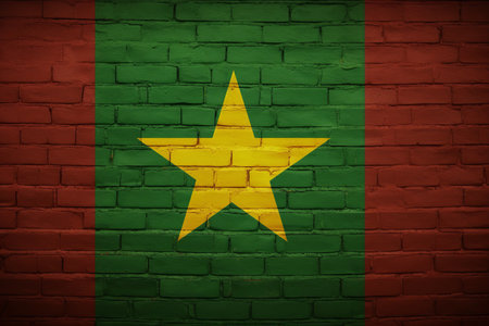 Celebrating Cameroon: Uniting Language, People, and Culture through the National Flag on a Brick Backdropの素材