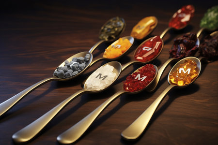 Choosing Nutrient-Rich Foods: Unveiling the Icons and Importance of Minerals, Macronutrients, Vitamins, and Trace Elements on a Spoonの素材
