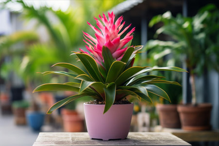 Bright Delights: Capturing the Beauty of a Daytime Bromeliad in a Pot (Aspect Ratio 3:2)の素材