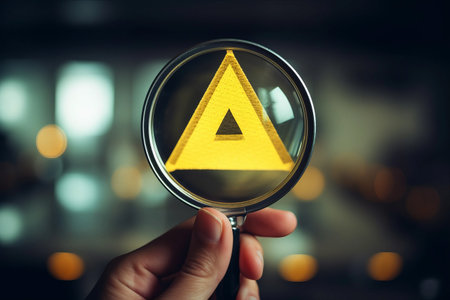 Emerging Challenges and Maintenance Concerns Unveiled: Signifying Caution and Error Notifications with a Magnifier Glass and Yellow Triangleの素材
