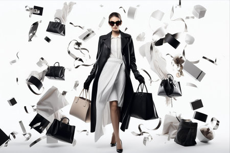 Captivating Black and White Clothing Collage: Young Model Struts in Glamorous Style with Attractive Sale Discountsの素材