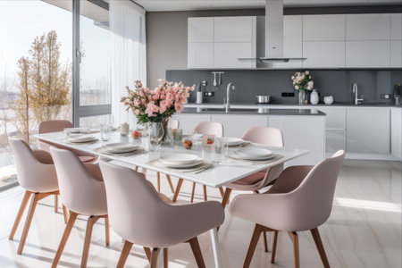 Serene Dining Haven: Contemporary Light Kitchen and Dining Zone in Modern Apartmentの素材