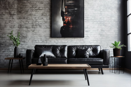 Sleek and Stylish: Exploring the Interior of a Modern Living Room with a Black Sofa and Tableの素材