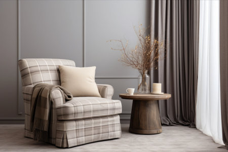 Cozy Serenity: Captivating Modern Living Room with Soft Armchair, Table, and Plaid - AR 3:2の素材